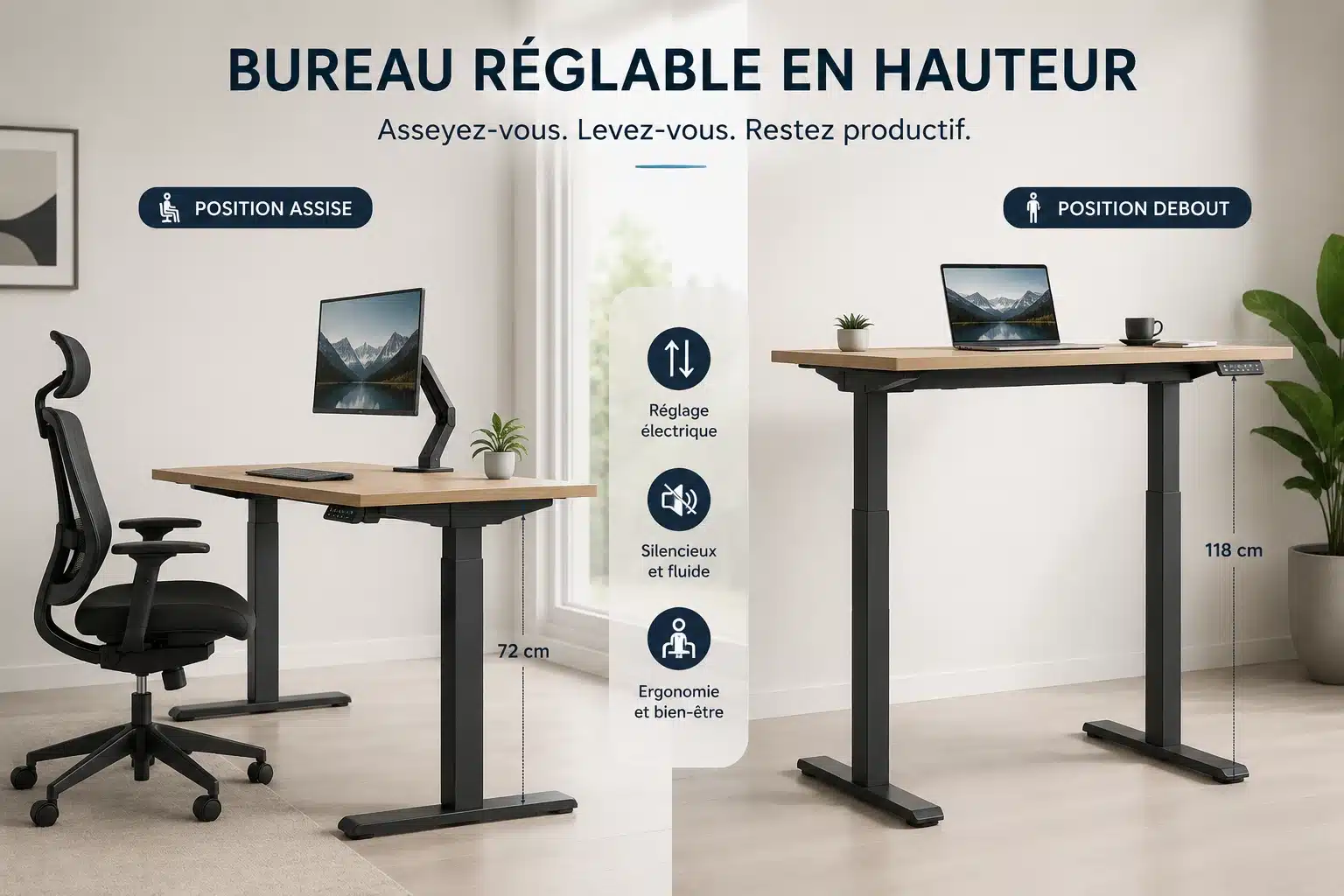 Bureau réglable en hauteur en position assis-debout