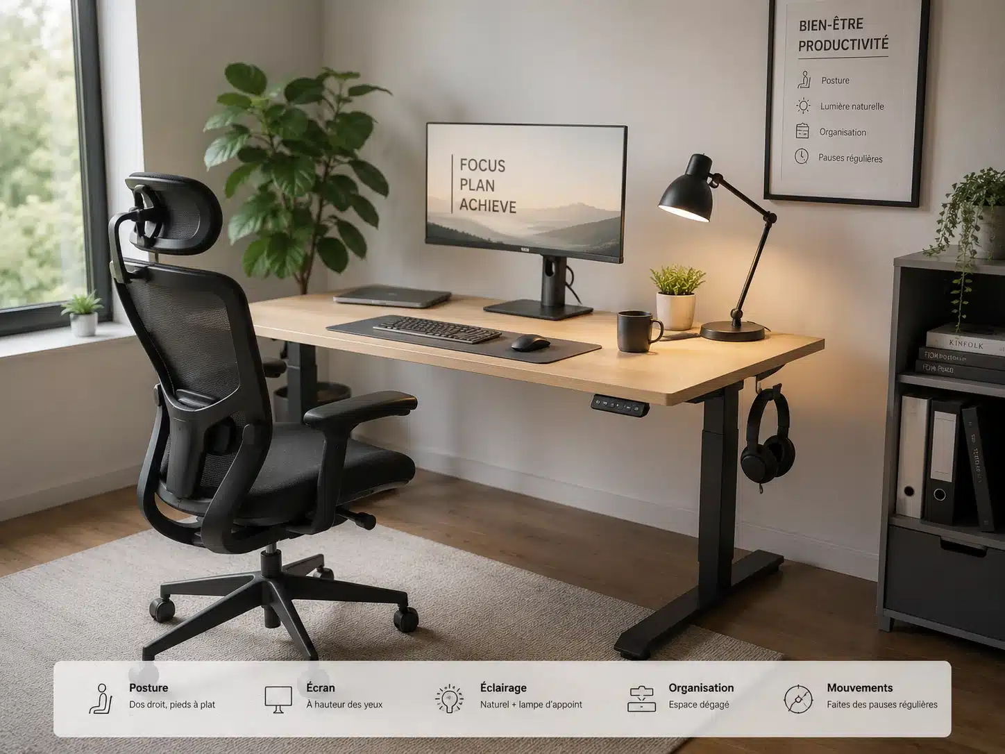 Bureau de télétravail ergonomique avec bonne hauteur de travail