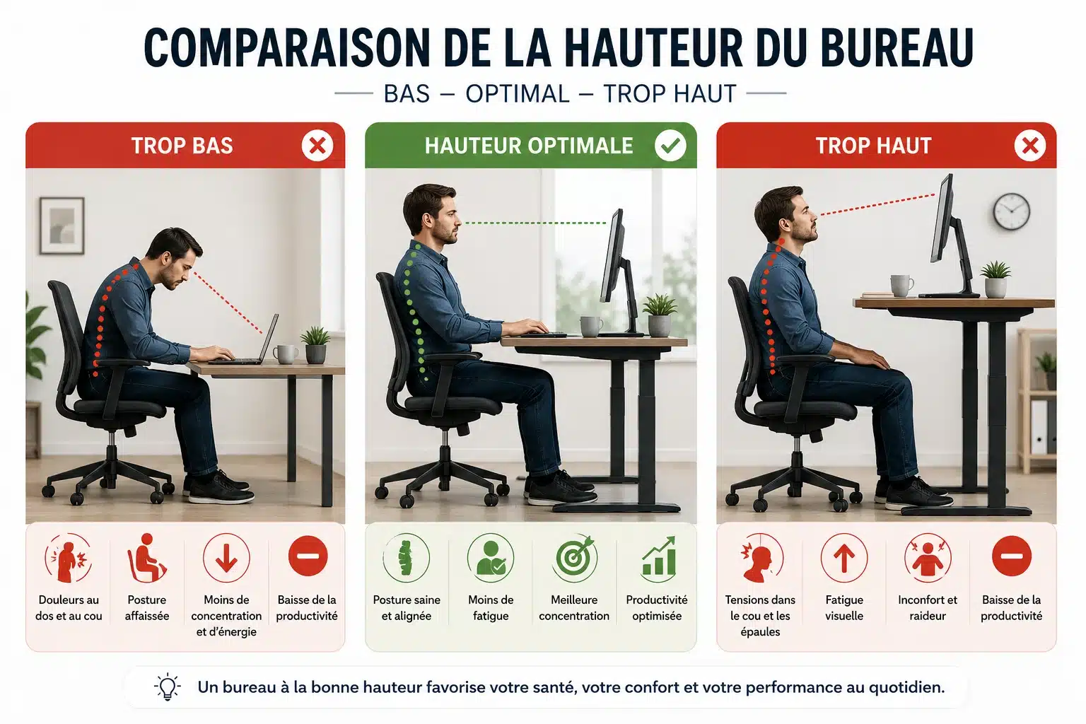 Comparaison des configurations de hauteur de bureau : trop bas, idéal, trop haut