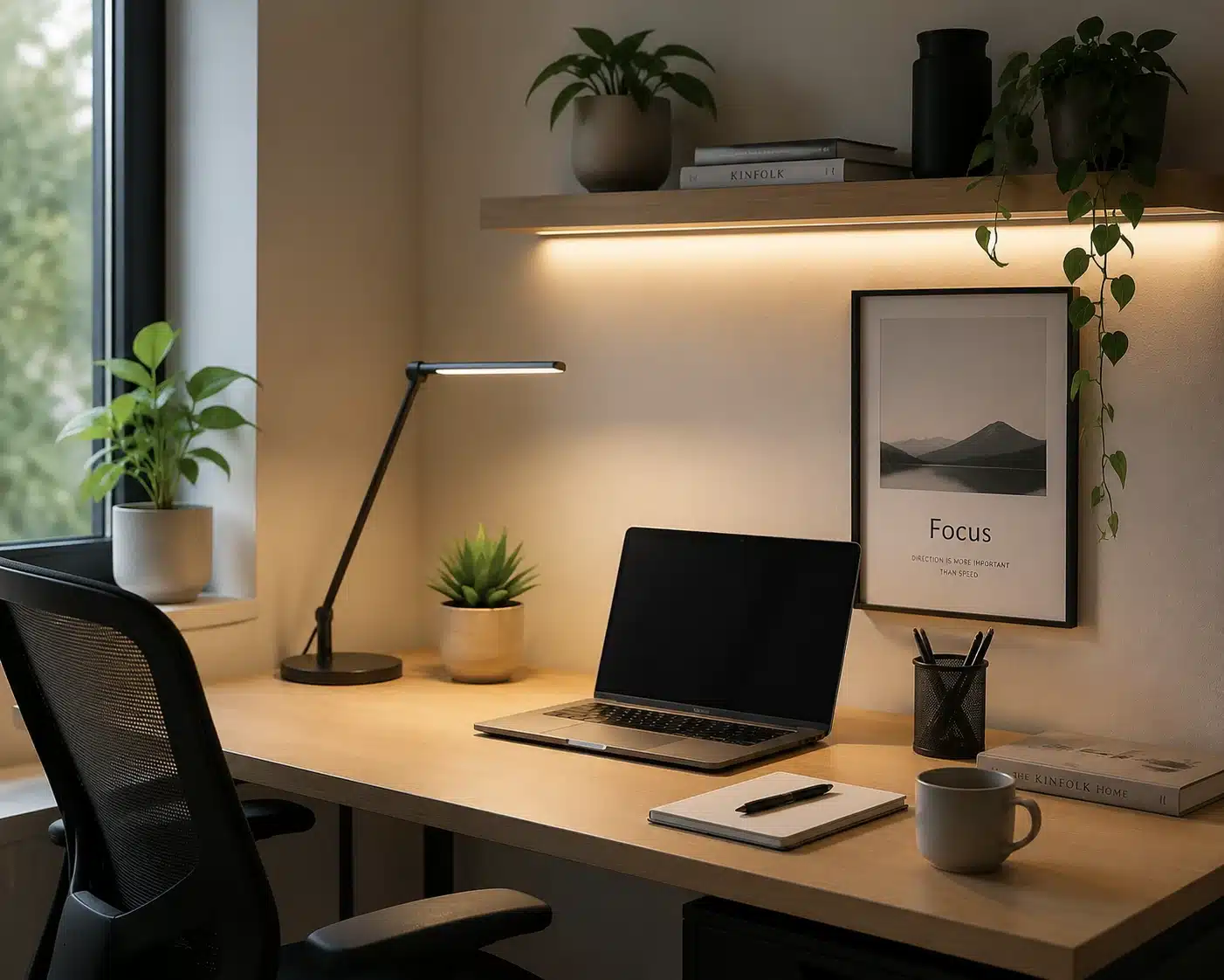 Éclairage latéral naturel et lampe de bureau dans un espace de télétravail ergonomique