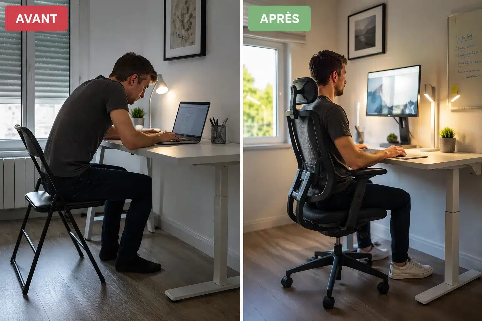 Espace de travail mal aménagé puis optimisé pour le confort