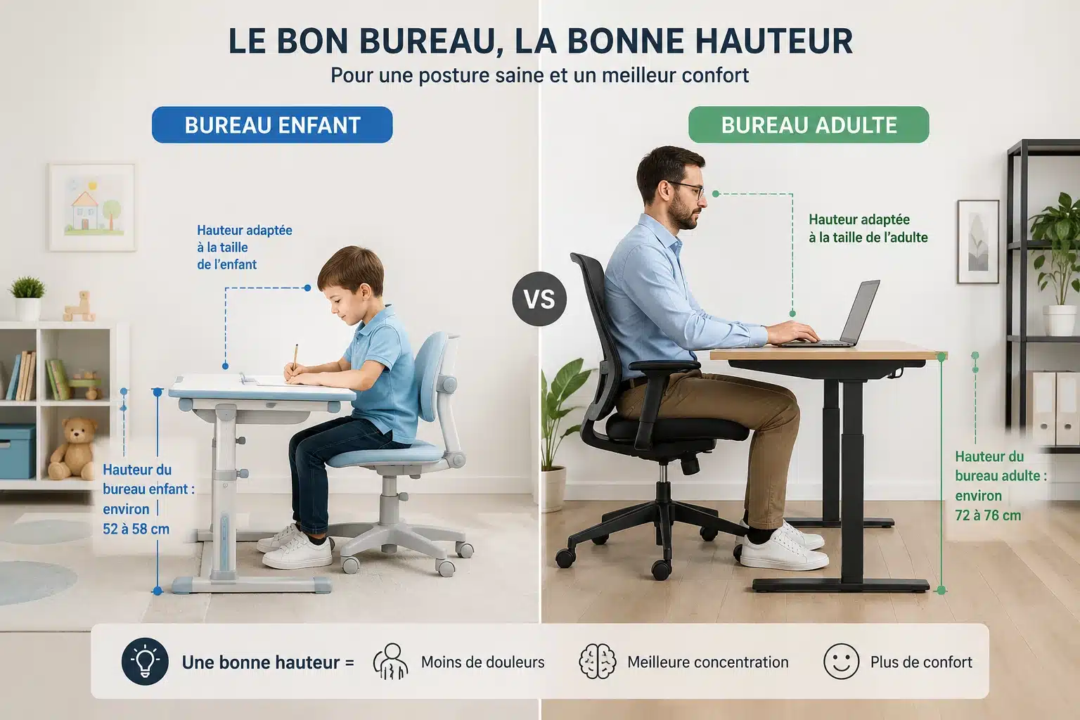 Comparaison de la hauteur de bureau pour enfant et adulte