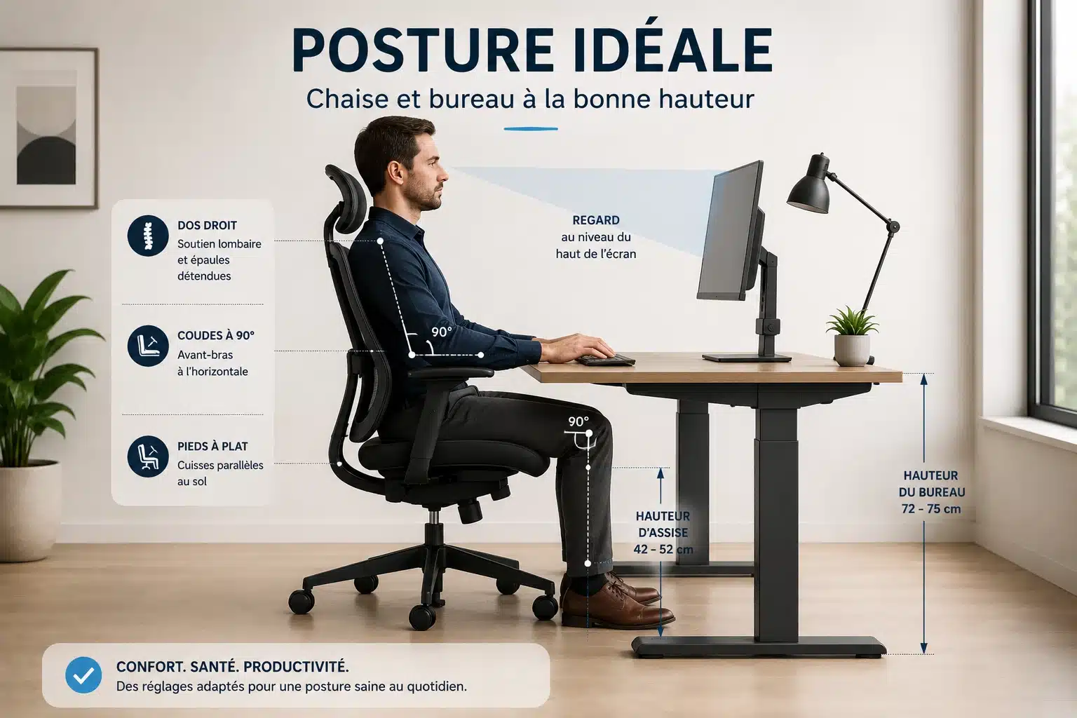 Relation entre la hauteur de la chaise et la hauteur du bureau pour une posture ergonomique