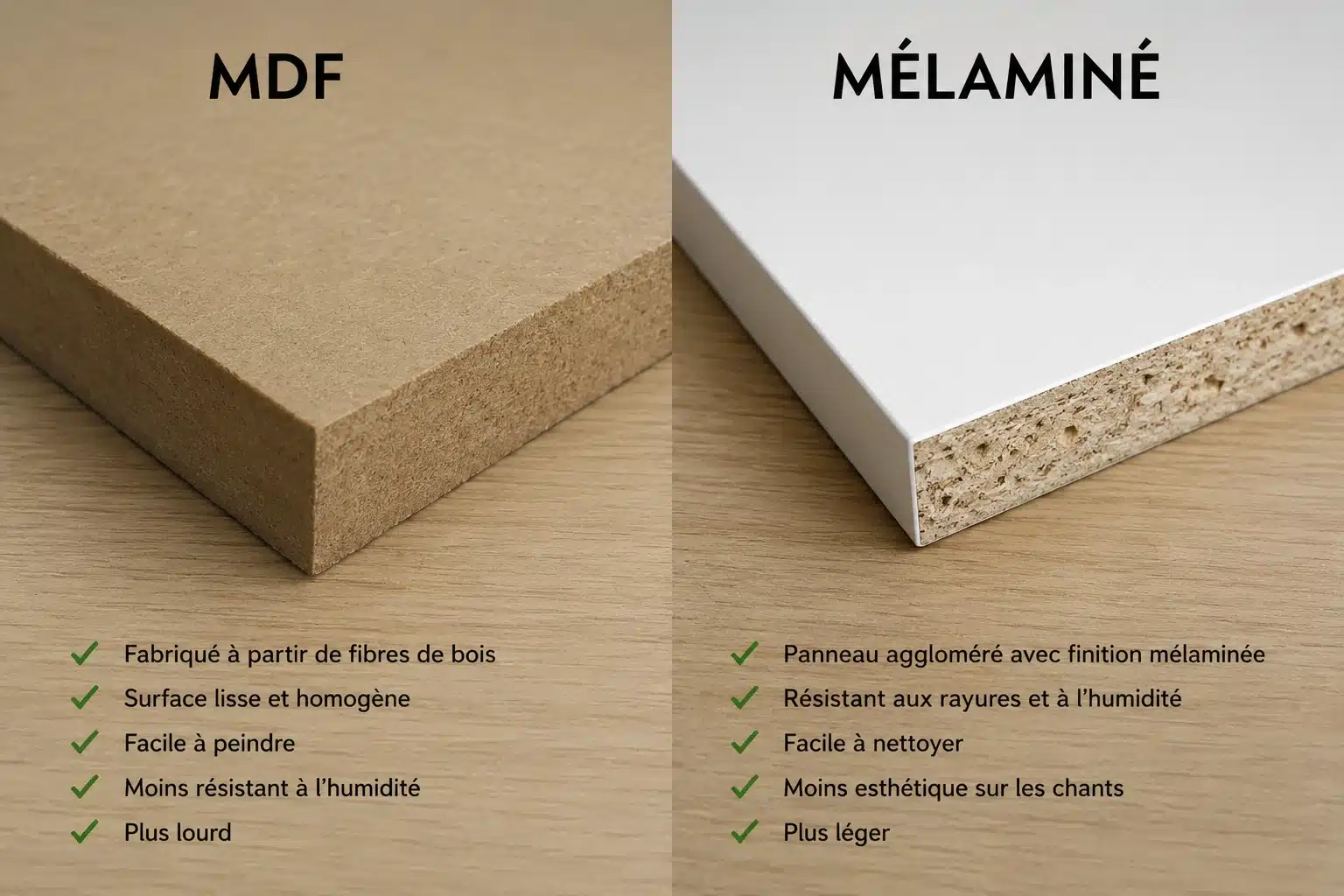 Panneau MDF brut à gauche et panneau mélaminé à droite — comparaison des textures et surfaces