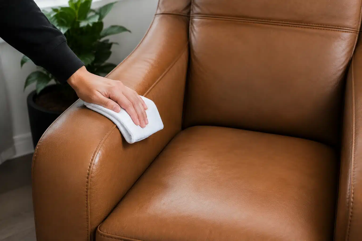 Nettoyage d'un fauteuil en cuir avec un chiffon humide