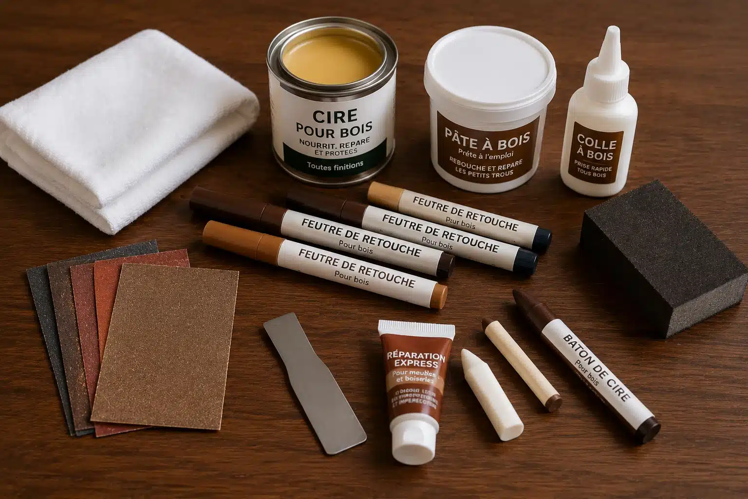 Outils nécessaires pour réparer les rayures d'un bureau : feutre de retouche, pâte à bois, chiffon microfibre