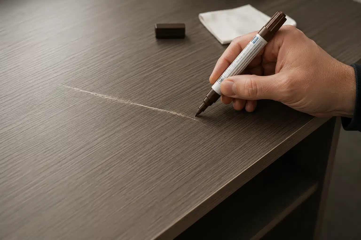 Réparation d'une rayure sur un bureau MDF avec feutre de retouche