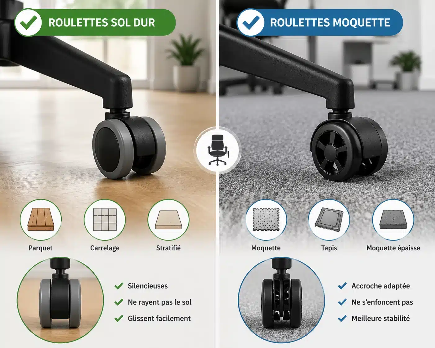 Roulettes pour sol dur et roulettes pour moquette sur une chaise de bureau