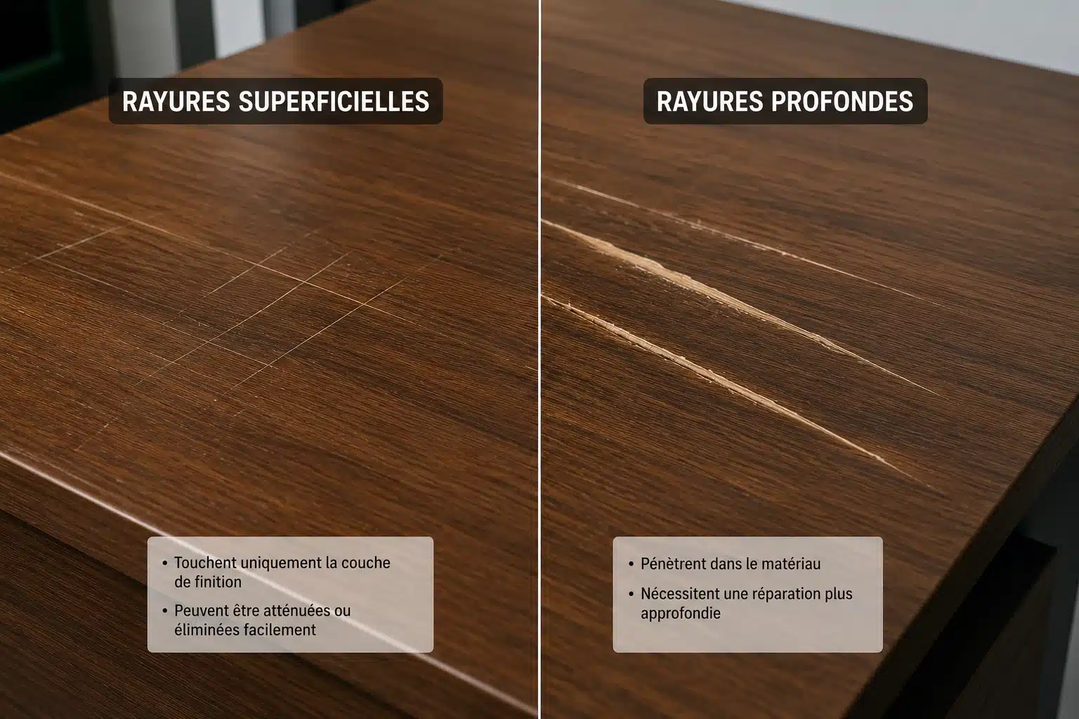 Différents types de rayures sur un bureau selon leur profondeur