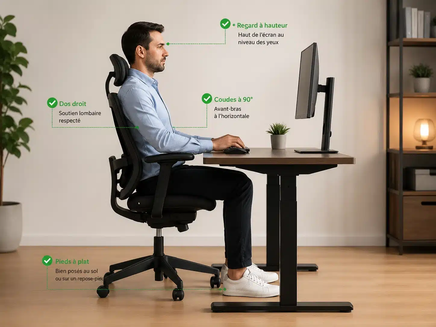 Bonne posture de travail devant un bureau ergonomique
