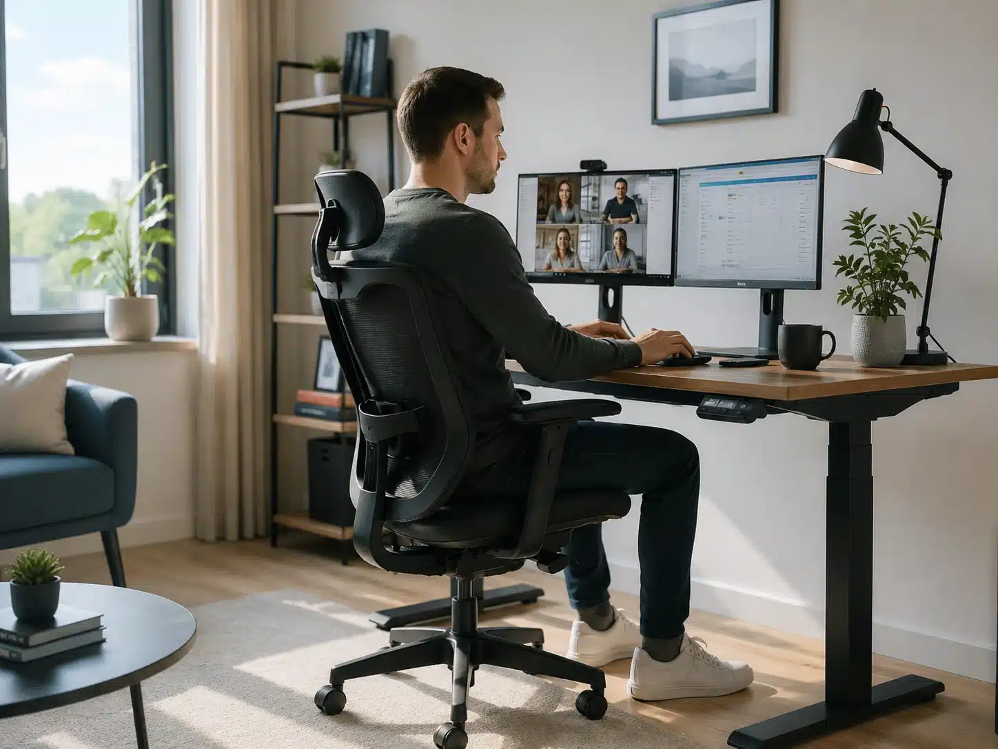 Bureau ergonomique installé dans un espace de télétravail à domicile