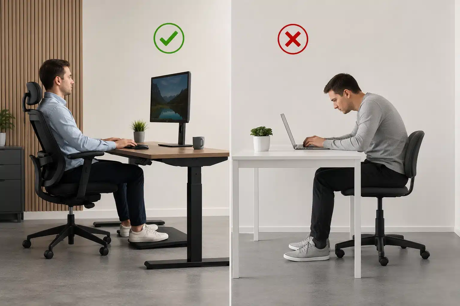 Comparaison visuelle entre un bureau ergonomique et un bureau classique