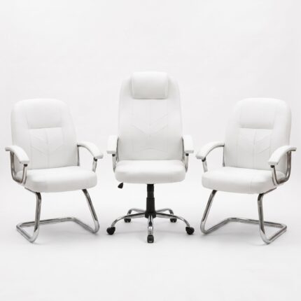 Ensemble Fauteuil de Direction Blanc avec 2 Chaises Visiteurs – Similicuir – Mobilier de Bureau Professionnel Maroc