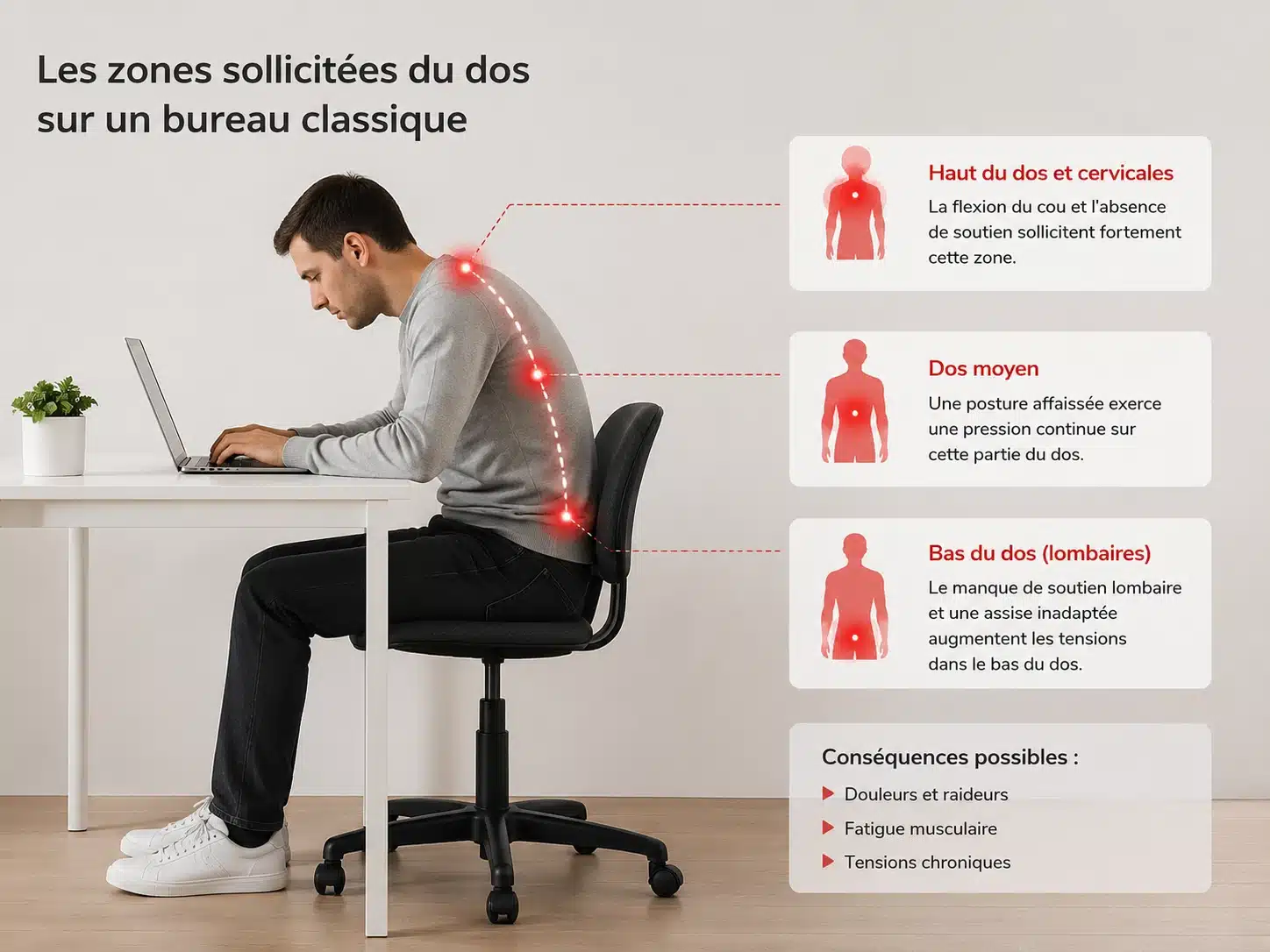 Les zones du dos sollicitées lors du travail sur un bureau classique