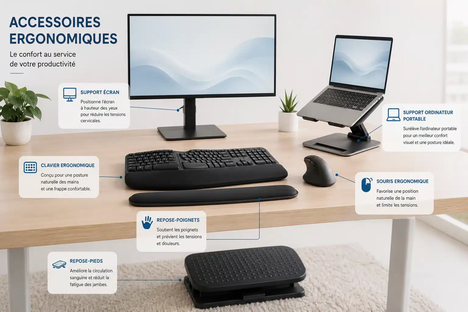 Accessoires ergonomiques de bureau pour corriger la posture au travail