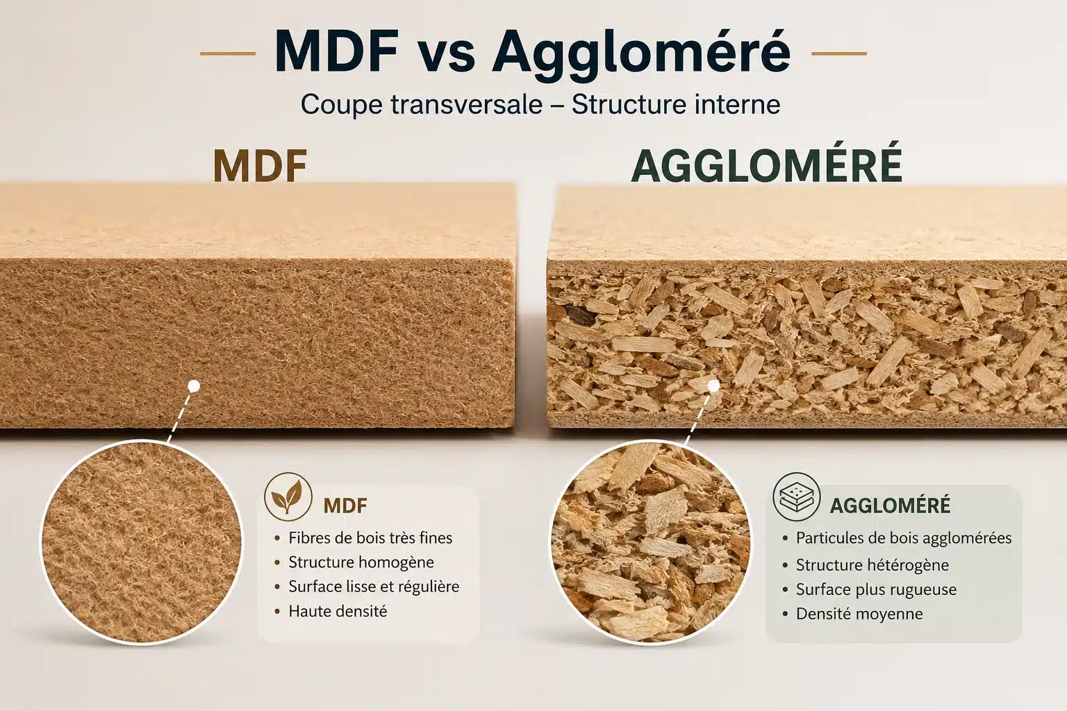 Schéma des différences entre aggloméré et MDF