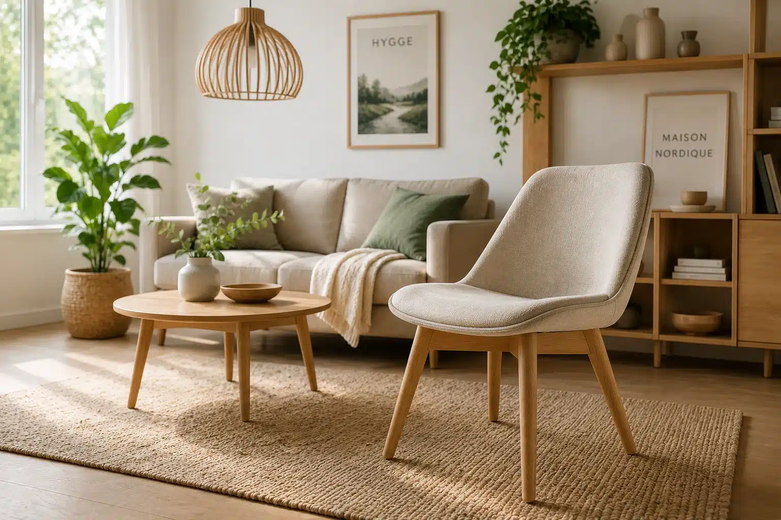 Ambiance de décoration scandinave avec chaise en bois clair