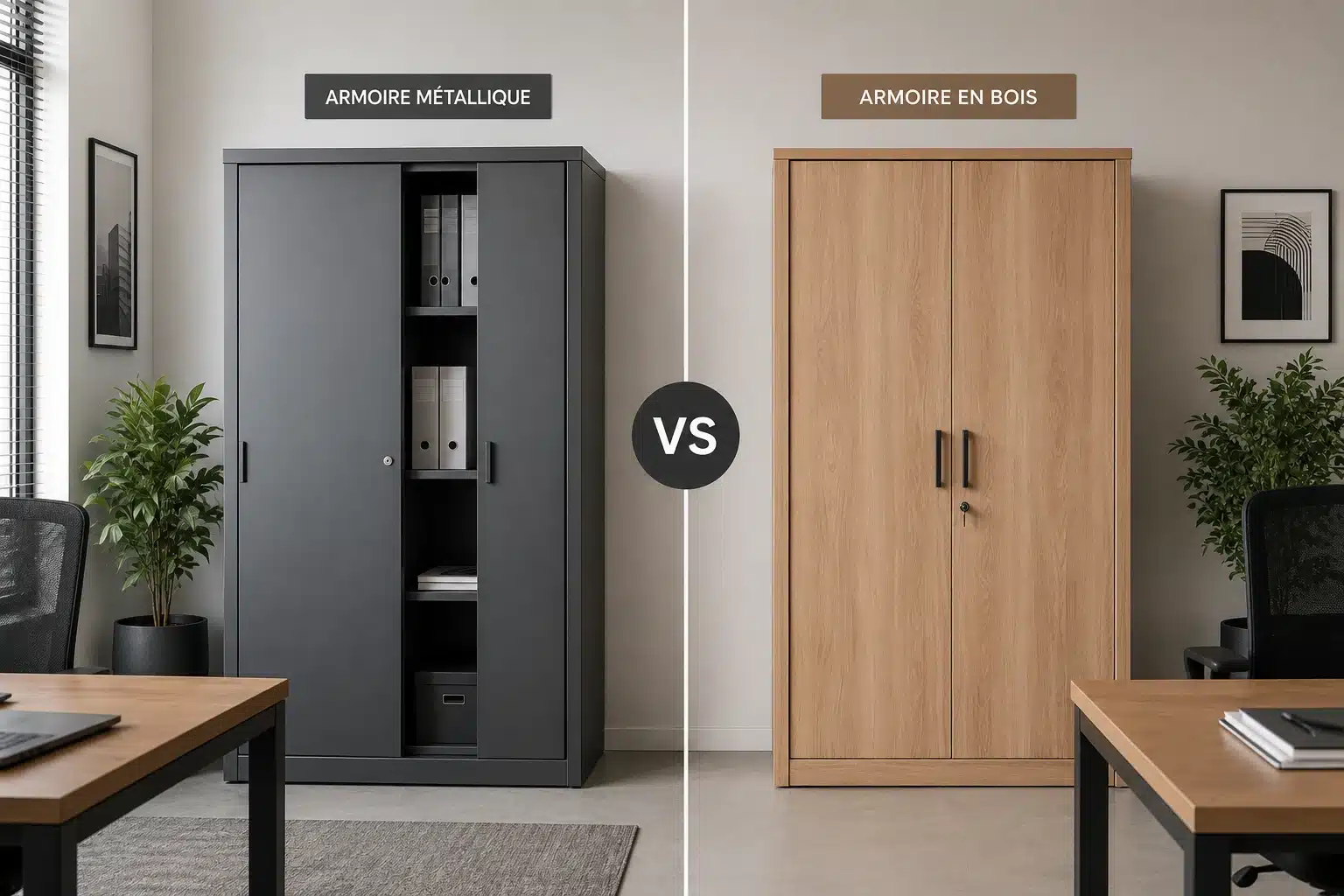 Comparaison entre une armoire de bureau en bois et une armoire métallique