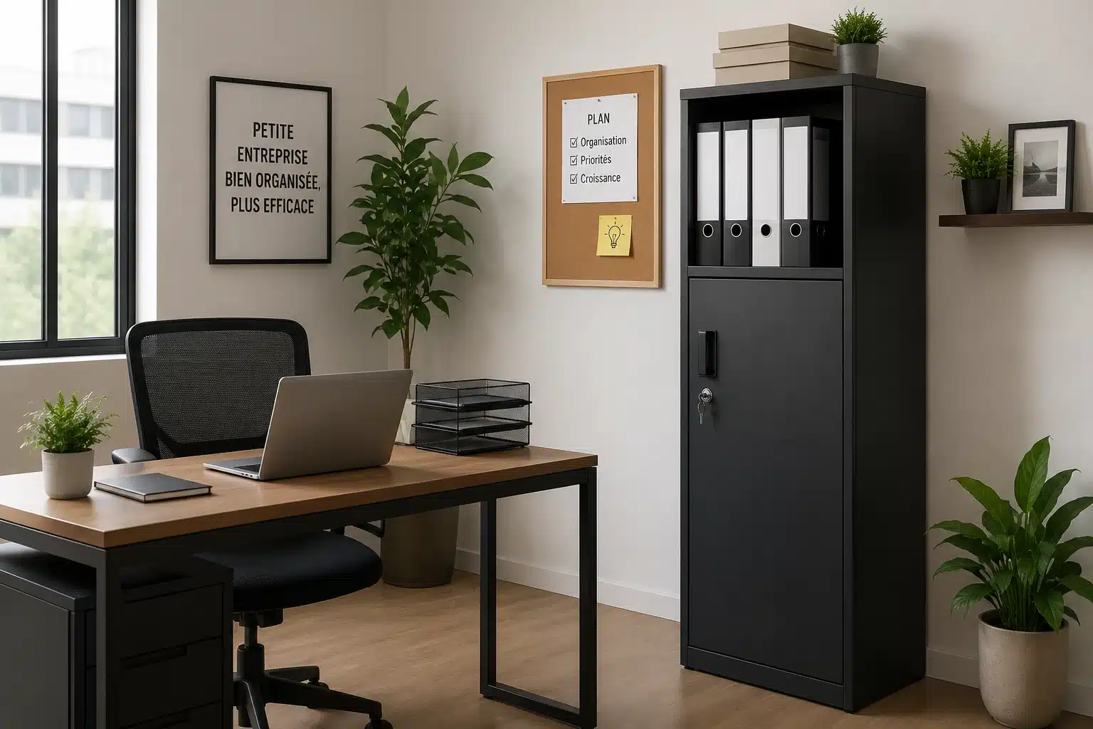 Armoire de bureau compacte installée dans un petit espace de travail