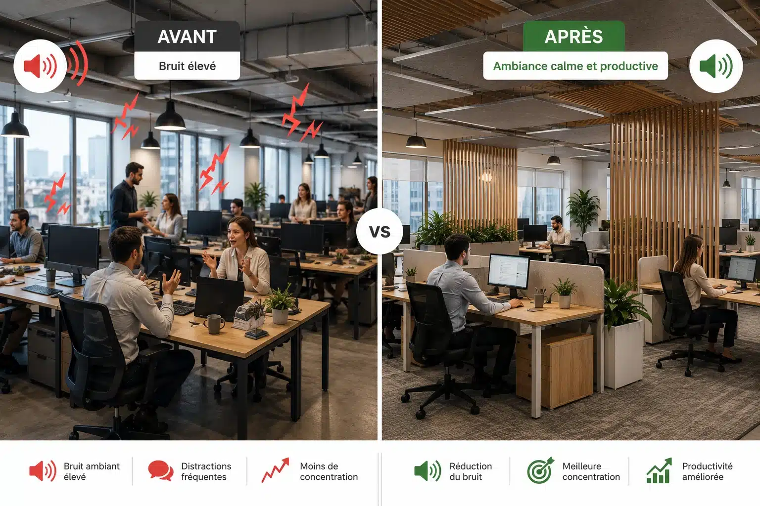 Comparaison avant après d'un traitement acoustique en bureau open space