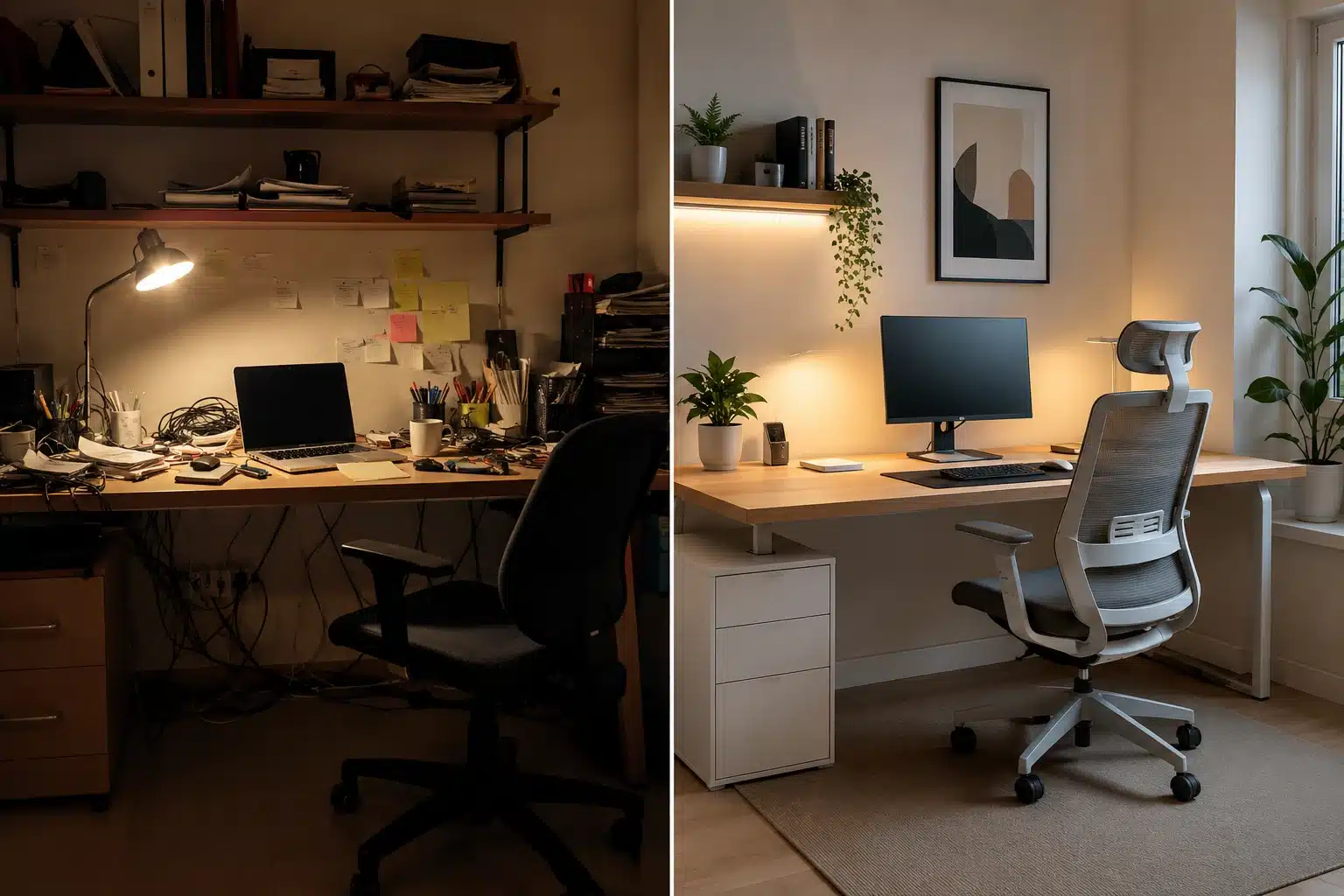 Avant après transformation d'un coin de pièce en bureau à domicile professionnel
