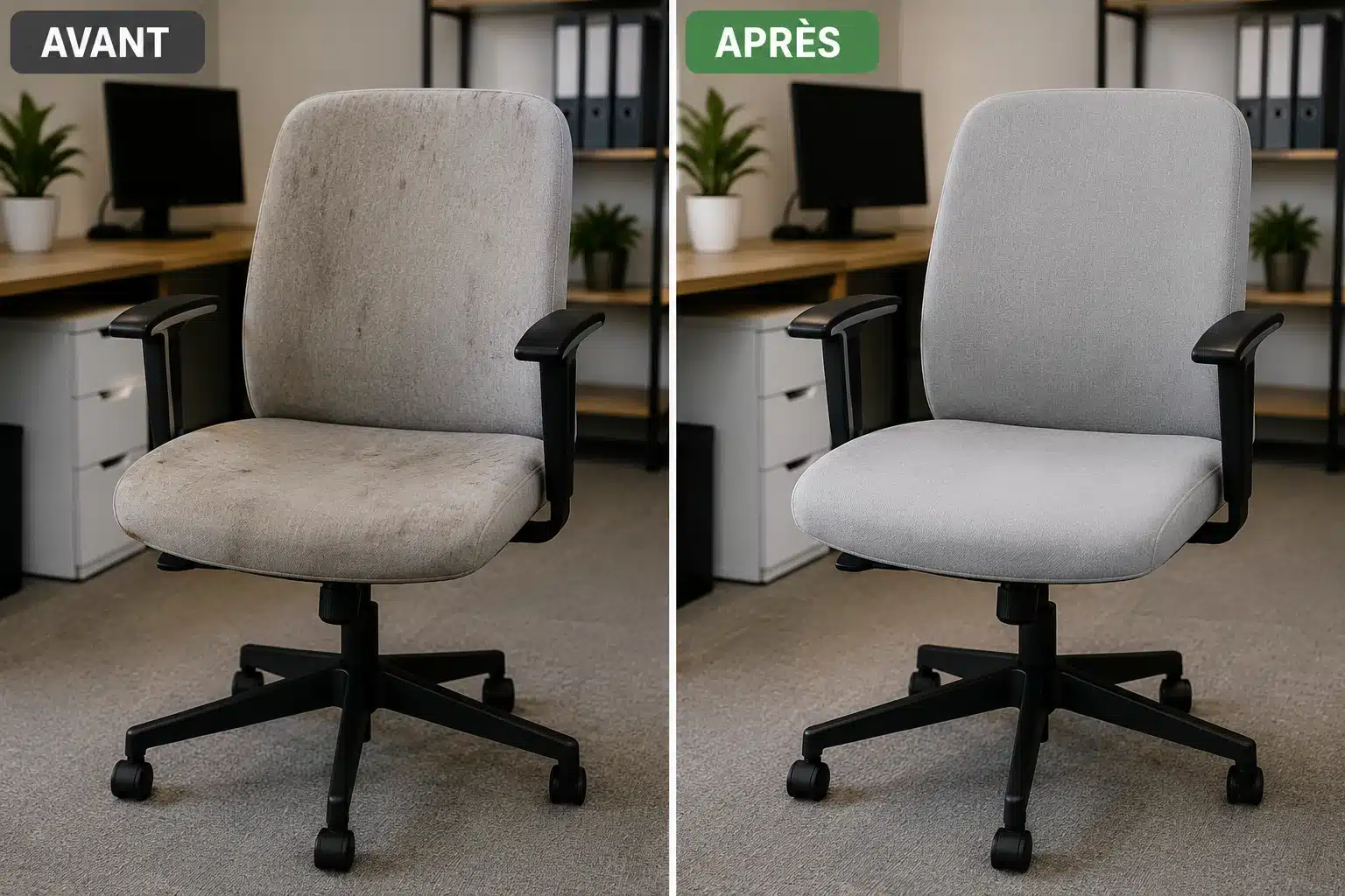 Avant et après le nettoyage d'un fauteuil de bureau en tissu