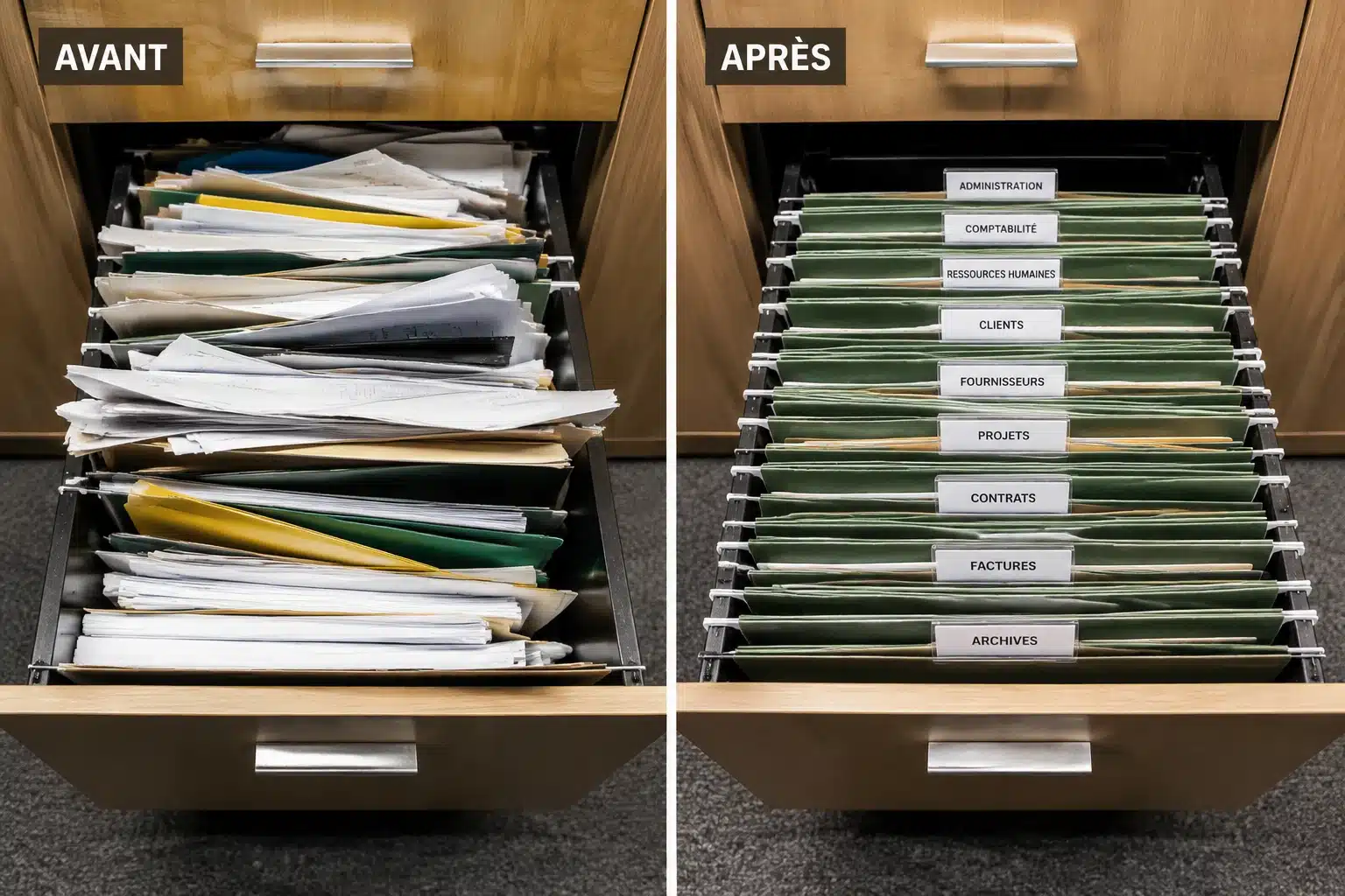 Avant et après l'organisation des dossiers au bureau