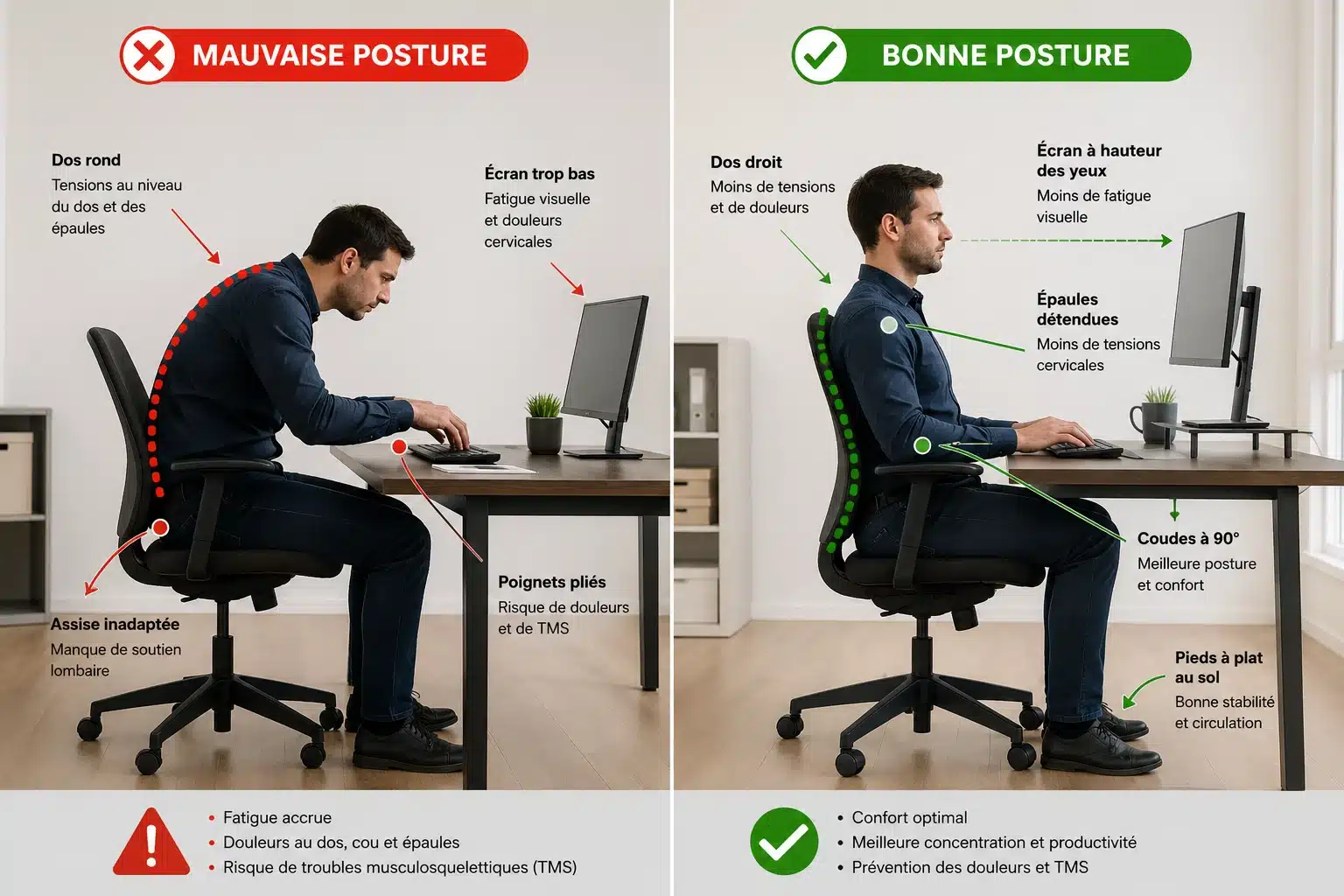 Comparaison entre bonne posture et mauvaise posture au bureau devant un ordinateur