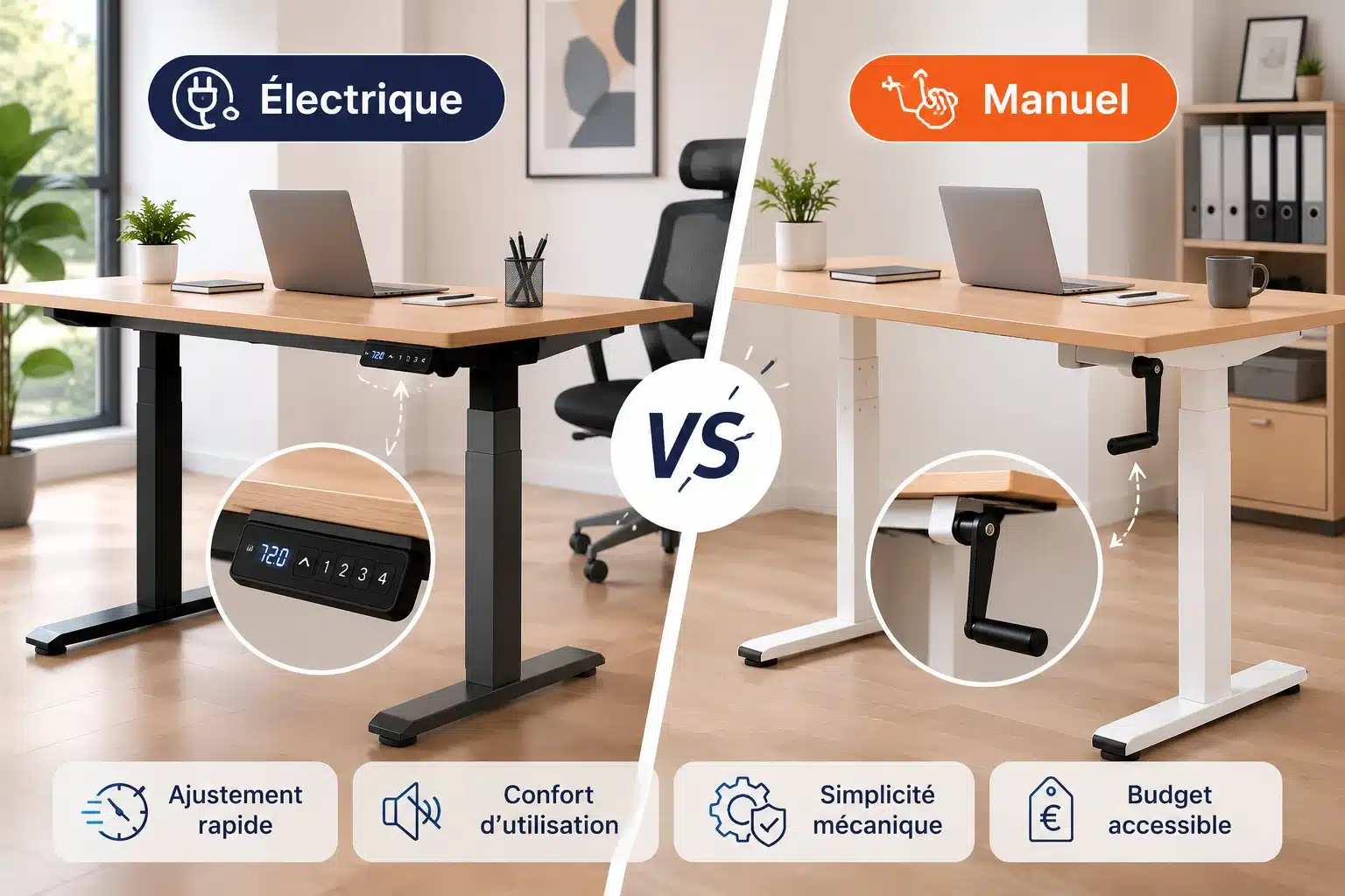 Bureau ajustable électrique ou manuel, comparaison des deux mécanismes