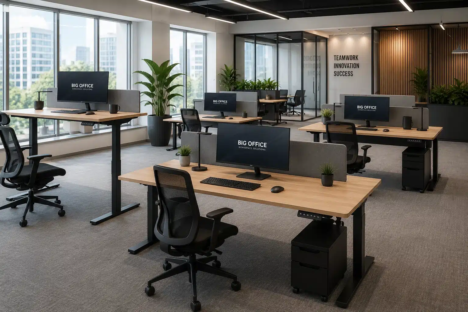 Bureaux réglables en hauteur installés dans un espace d’entreprise