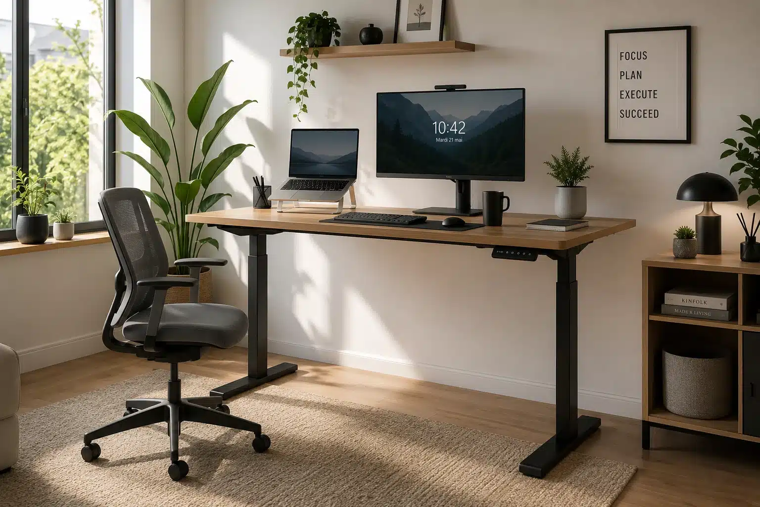 Bureau réglable pour le télétravail installé dans un bureau à domicile
