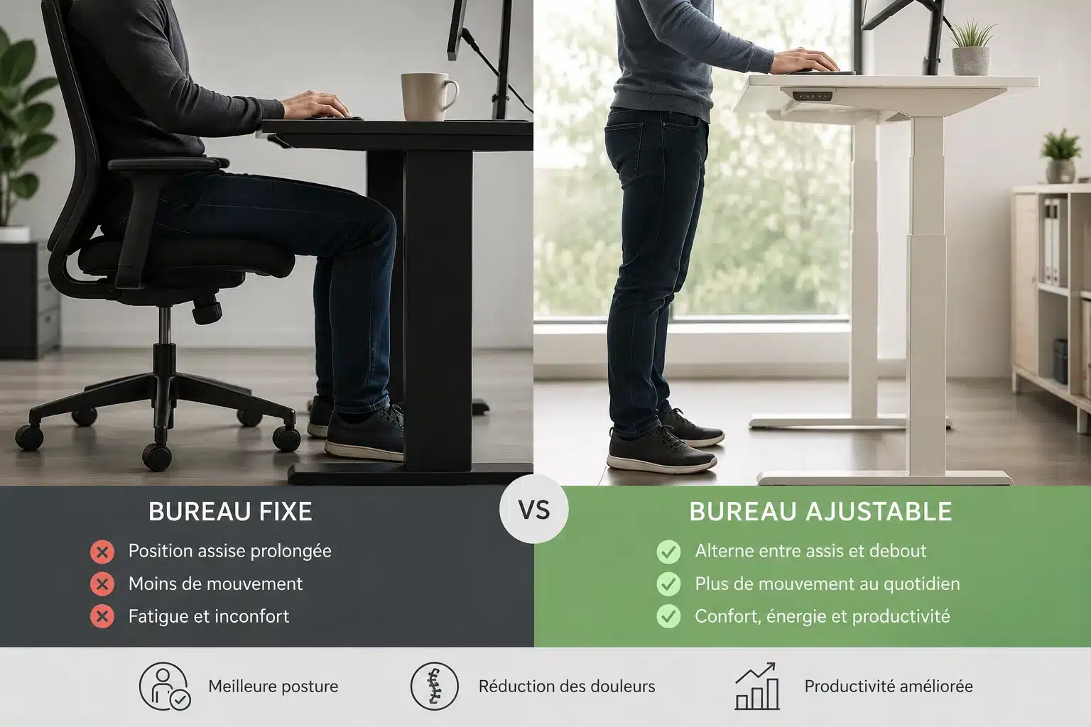 Comparaison entre un bureau ajustable en hauteur et un bureau fixe classique