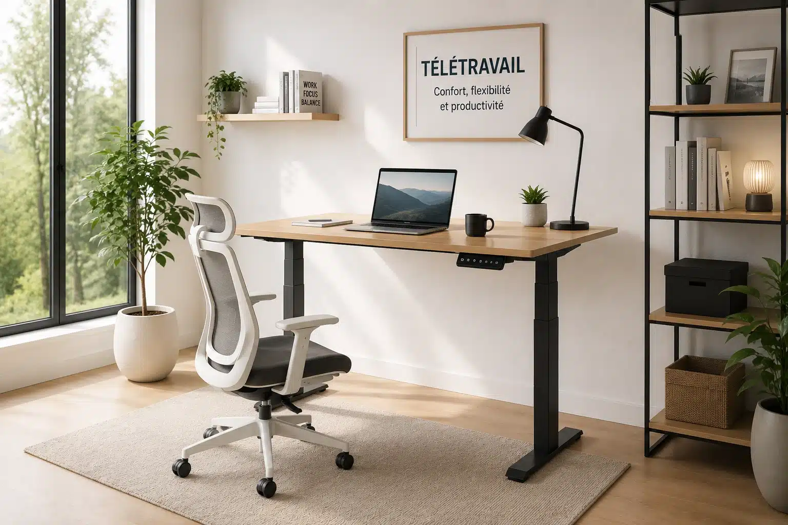 Bureau assis debout installé dans un espace de télétravail à domicile