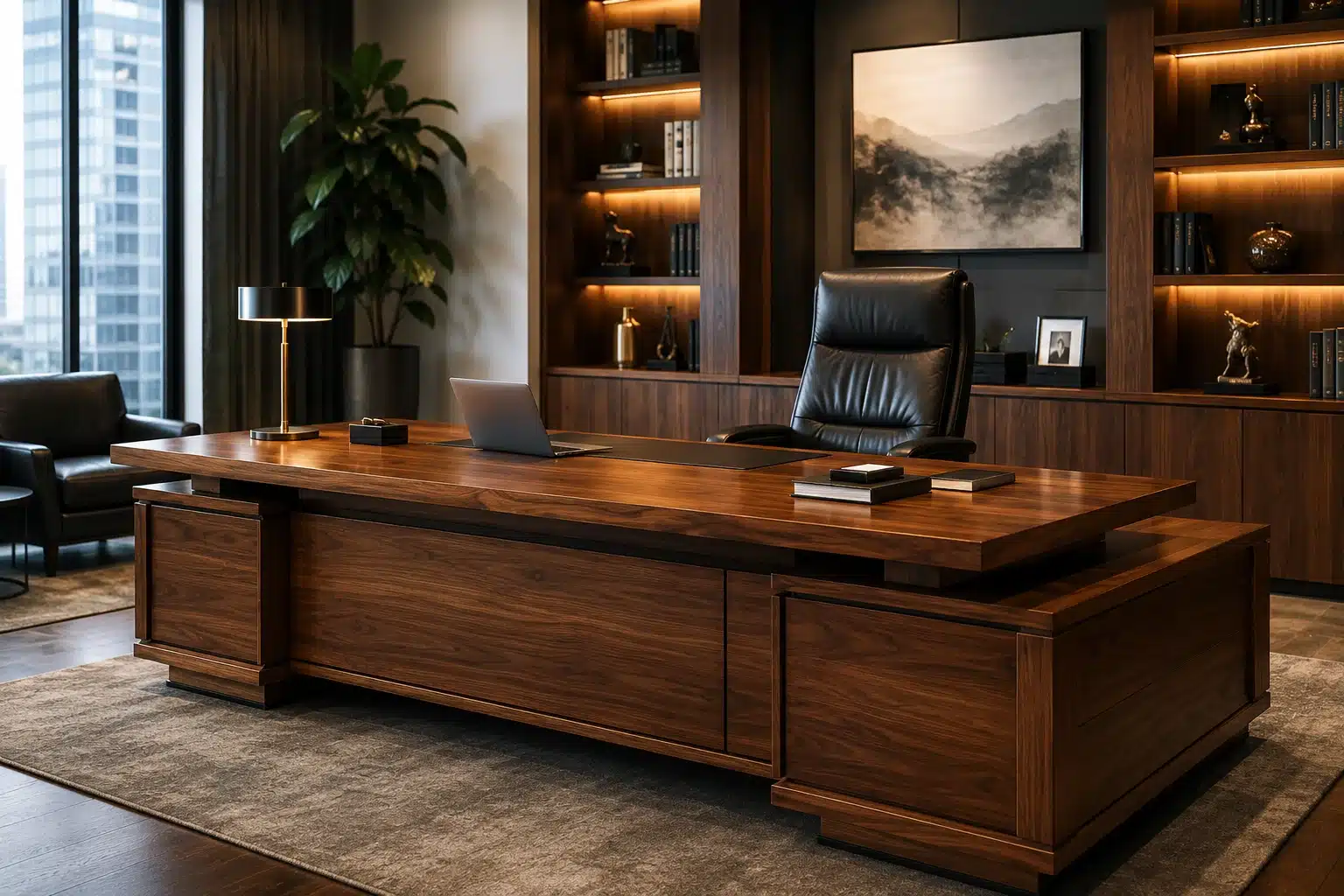 Bureau de direction en bois massif, exemple de mobilier de bureau haut de gamme au Maroc
