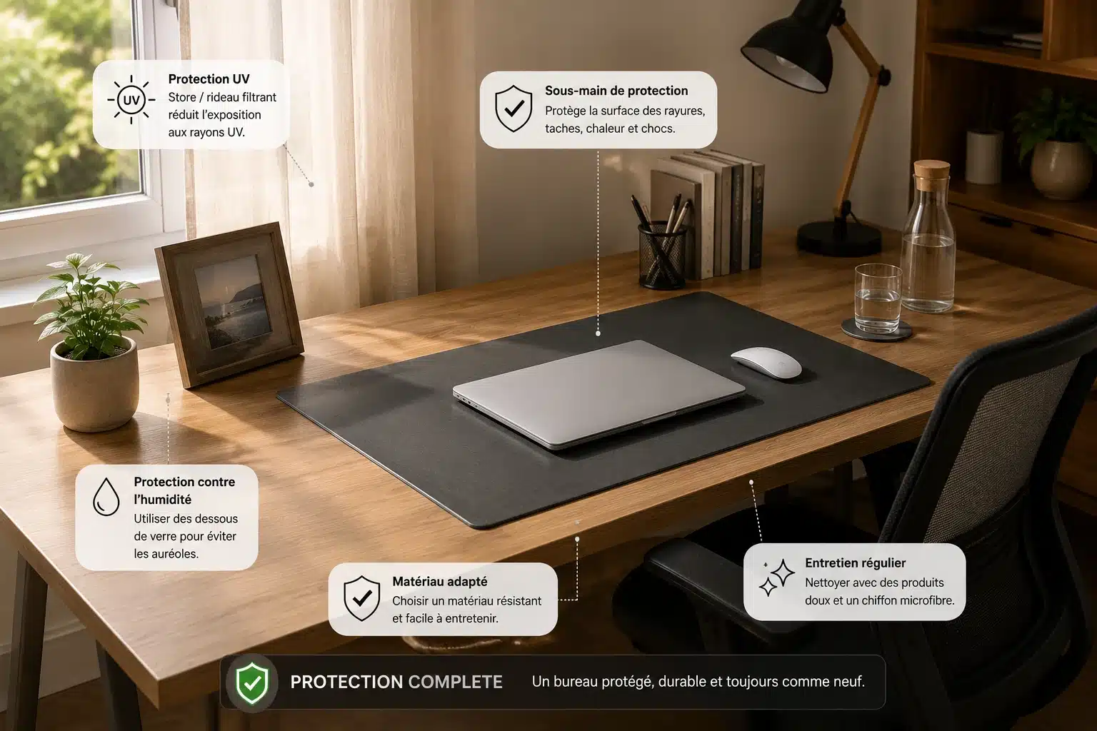 Protection complète d'un bureau en bois au quotidien