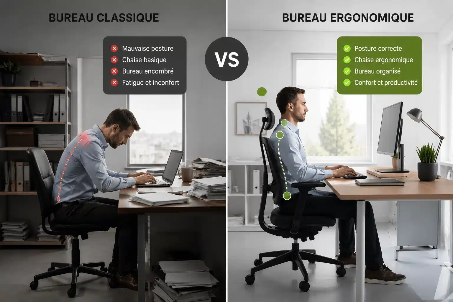 Comparaison entre un bureau classique et un bureau ergonomique
