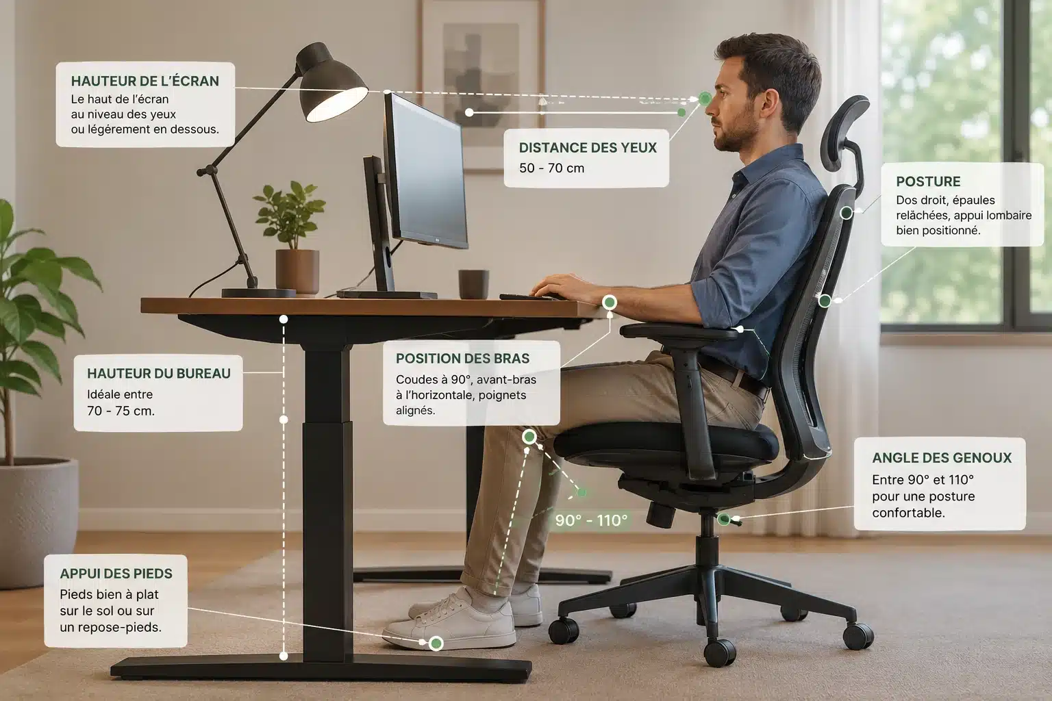 Bureau à domicile ergonomique avec hauteur adaptée à la morphologie