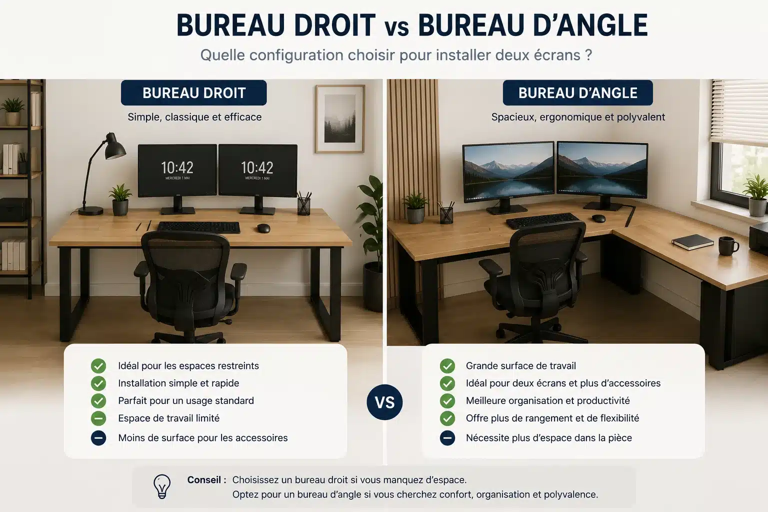 Bureau droit ou bureau d'angle pour un poste à deux écrans
