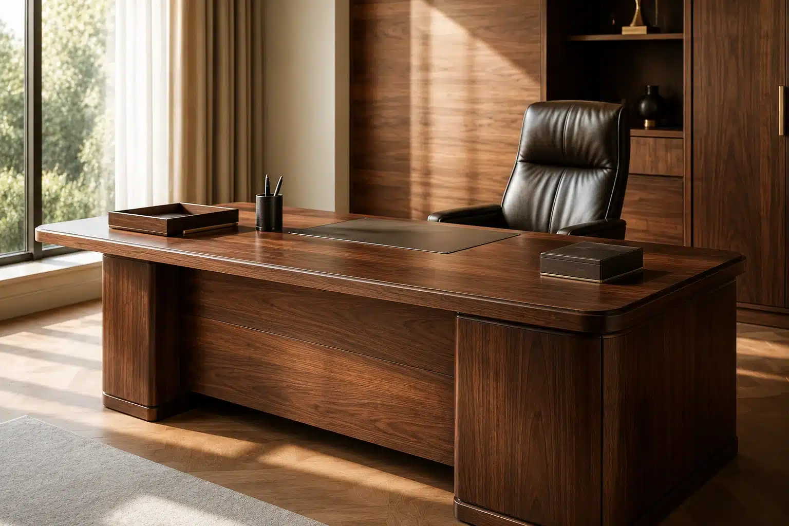Bureau en bois massif avec grain naturel apparent, exemple de mobilier haut de gamme