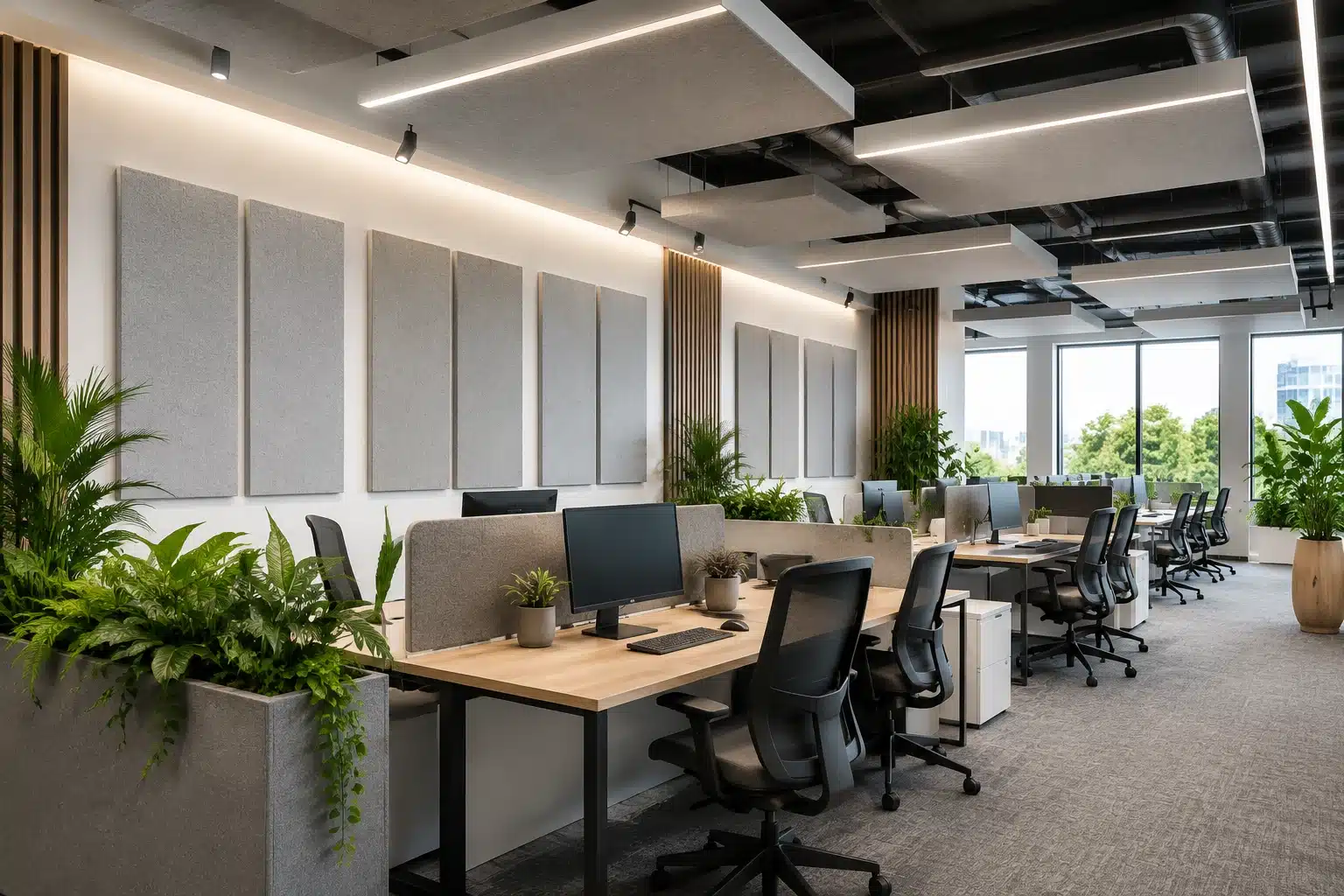 Bureau avec des panneaux acoustiques propres et bien entretenus