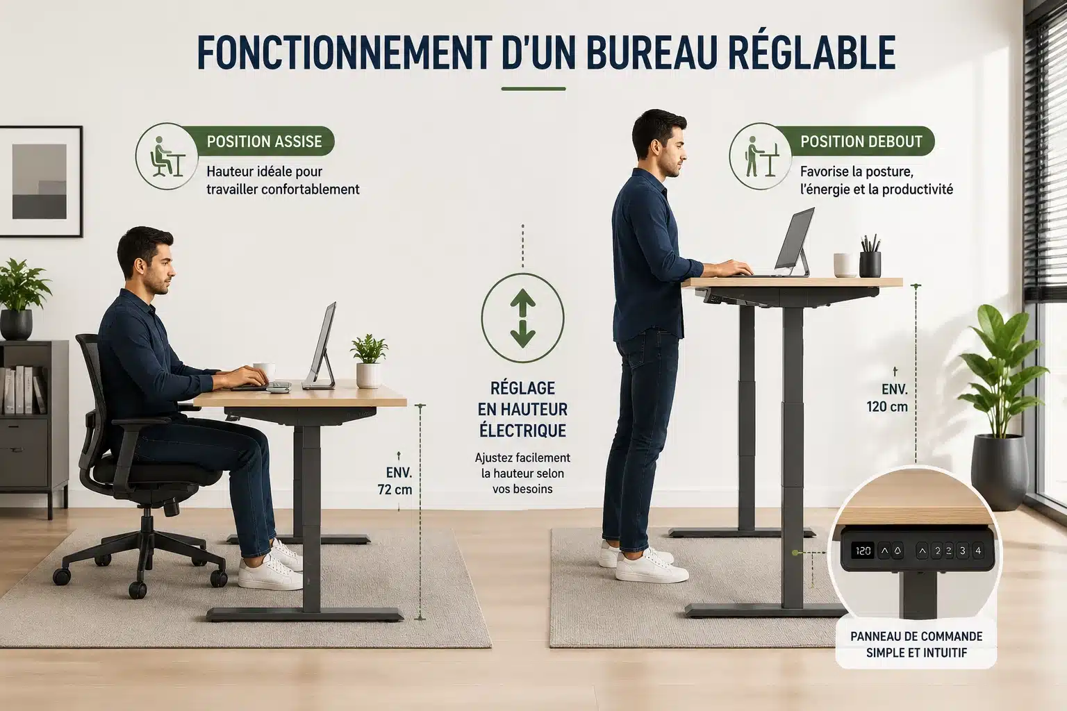Bureau réglable en hauteur avec mécanisme électrique pour ordinateur