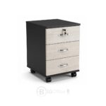 Bureau professionnel bois clair avec façade noire, passe-câbles et caisson mobile verrouillable.