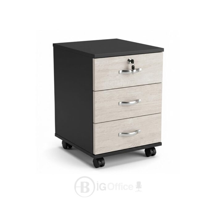 Bureau professionnel bois clair avec façade noire, passe-câbles et caisson mobile verrouillable.