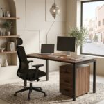 Bureau de Travail Effet Noyer avec Structure Métallique et Caisson 3 Tiroirs – Image 2