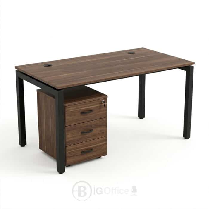 Bureau de Travail Effet Noyer avec Structure Métallique et Caisson 3 Tiroirs – Image 3