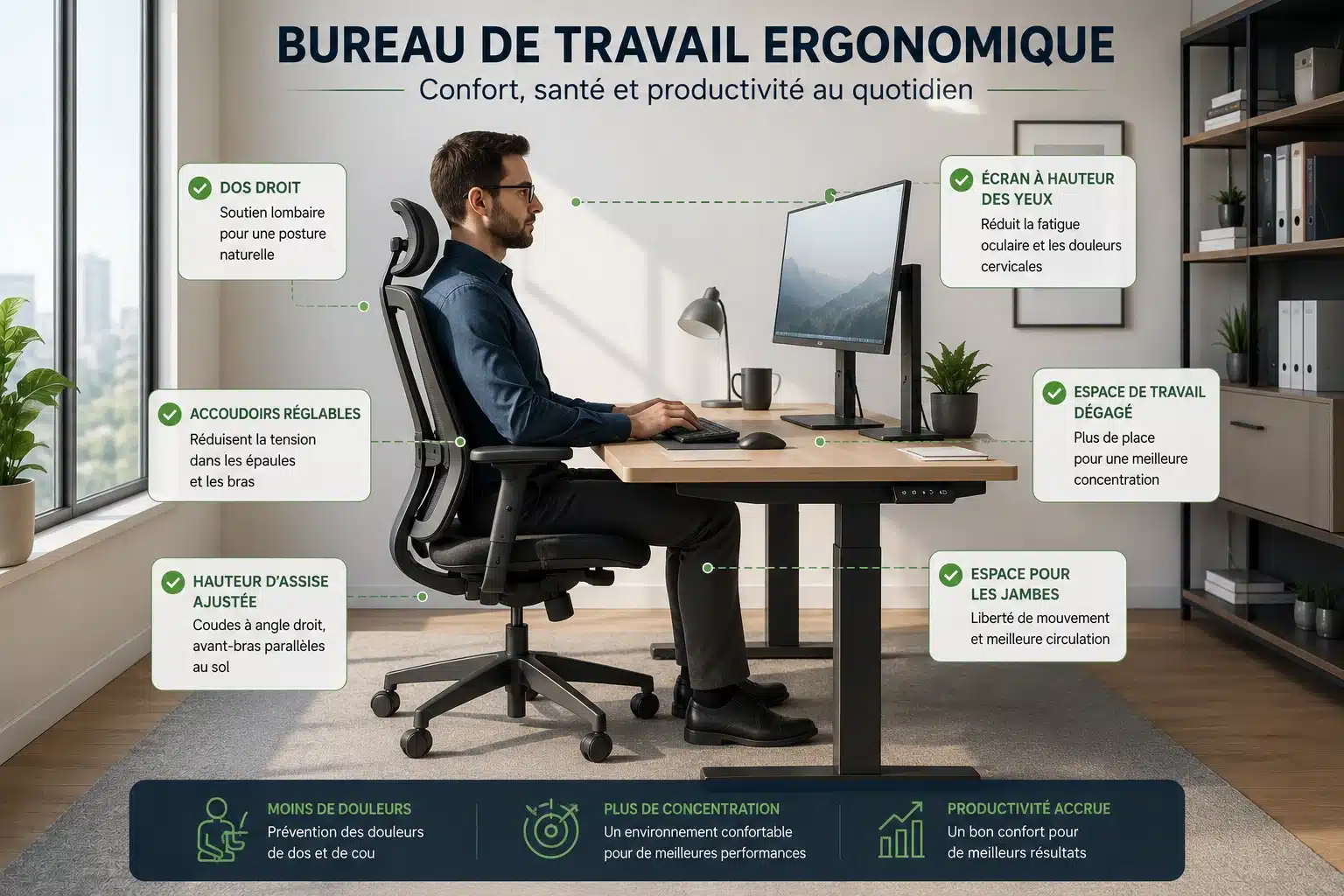 Bureau de travail ergonomique réglable en hauteur pour alterner assis et debout