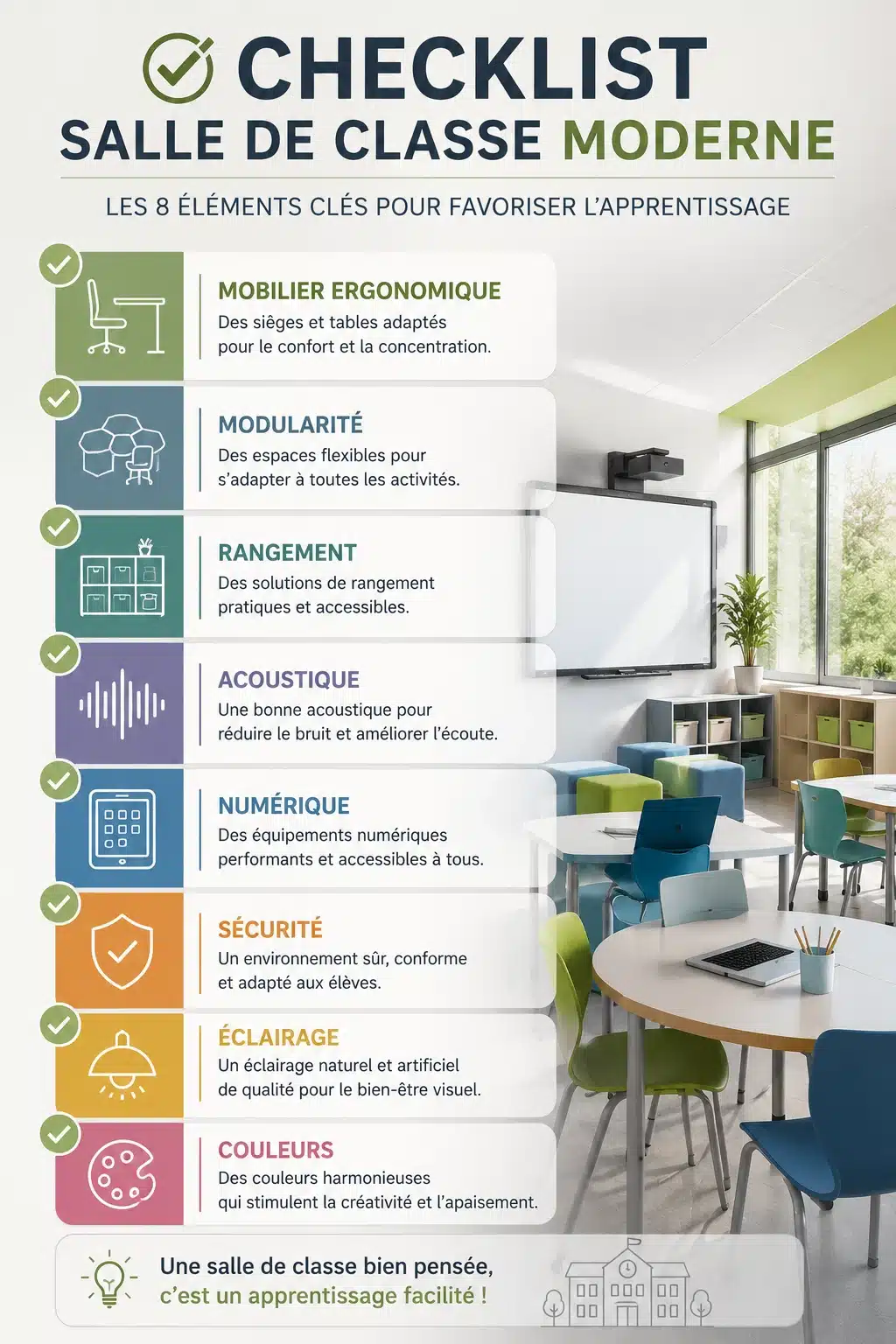 Checklist visuelle pour l'aménagement d'une salle de classe moderne