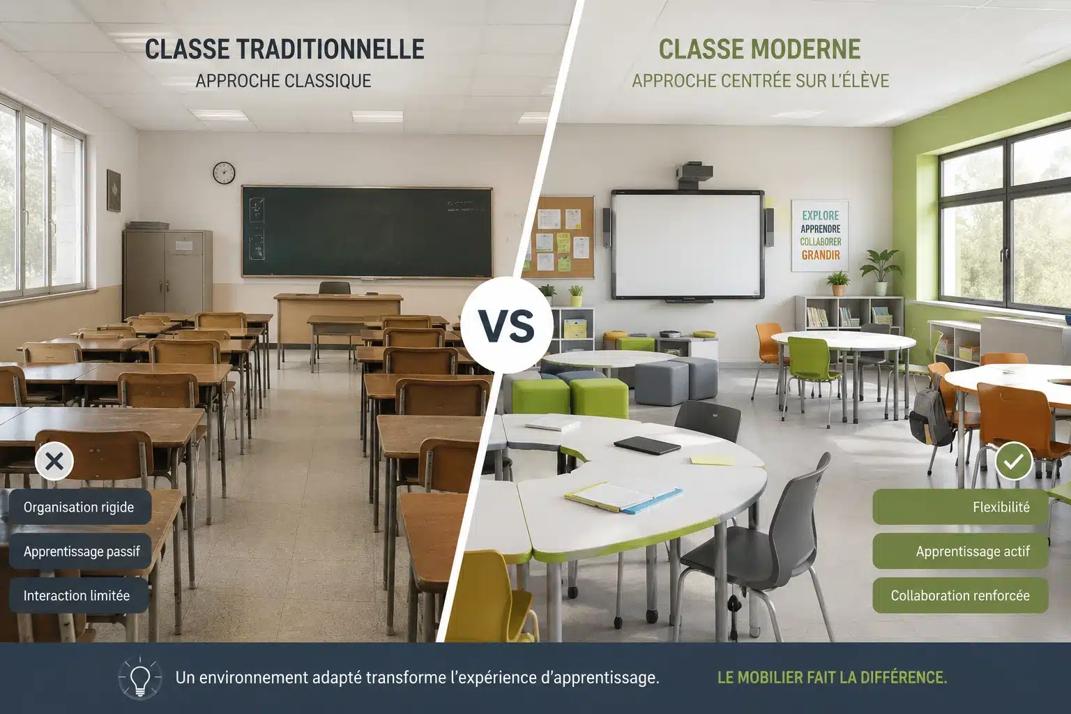 Comparatif visuel entre une classe traditionnelle en rangées et une classe moderne en îlots
