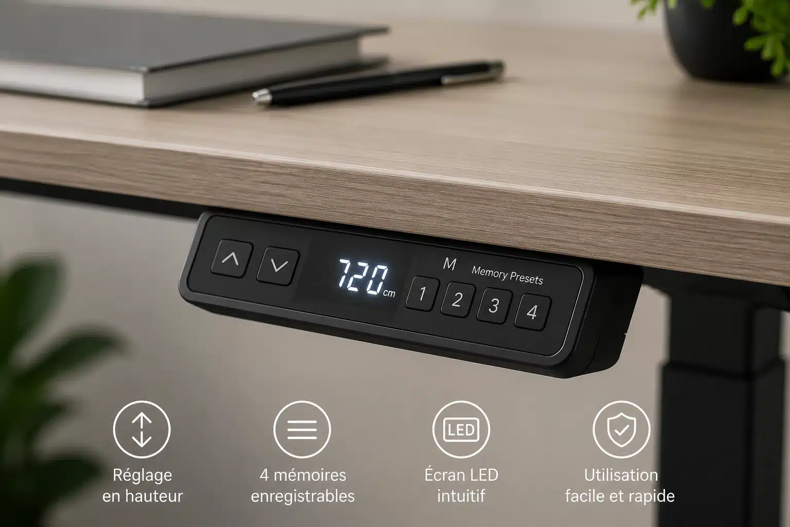 Panneau de commande d’un bureau réglable en hauteur avec mémoire de hauteurs