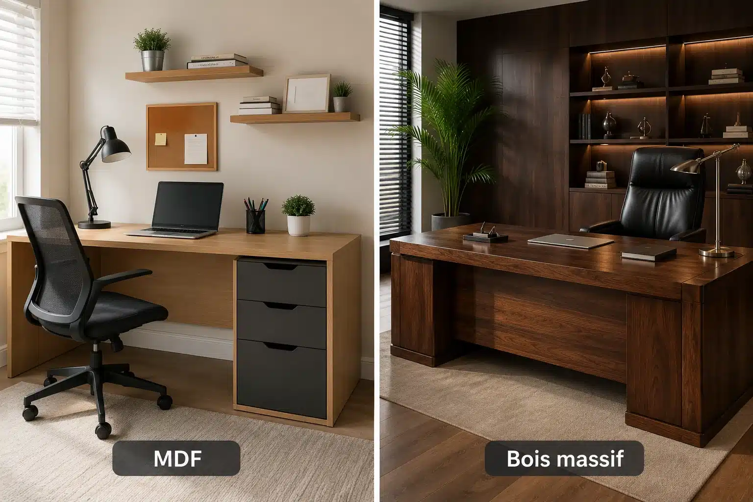 Comparaison côte à côte d'un bureau MDF et d'un bureau en bois massif